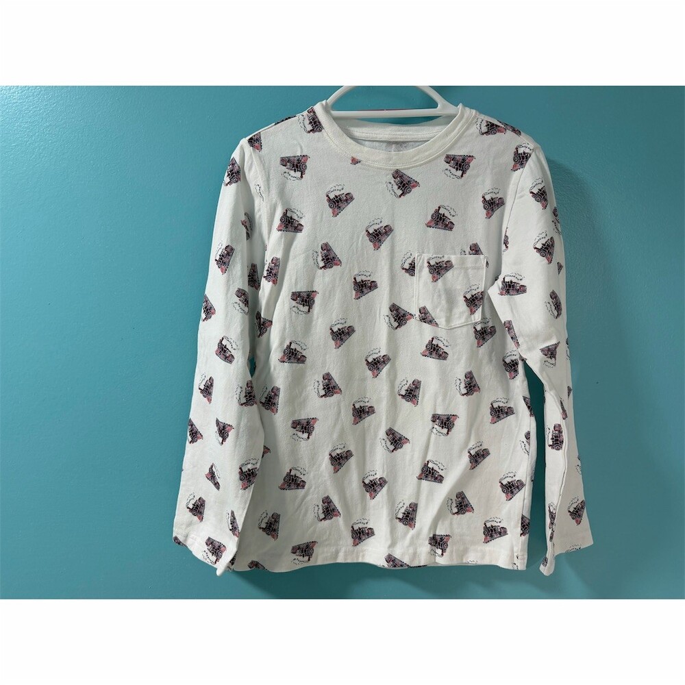 JJanie and Jack Boys Casual Size 8 White Long Sleeve Train Print Pocket Tee